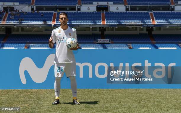 Dani Ceballos of Real Madrid poses during his official presentation at Estadio Santiago Bernabeu on July 20, 2017 in Madrid, Spain.