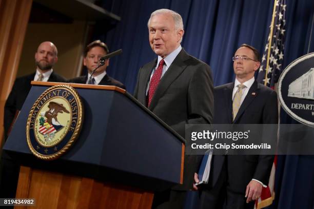 Attorney General Jeff Sessions , Deputy Attorney General Rod Rosenstein and other law enforcement officials hold a news conference to announce an...
