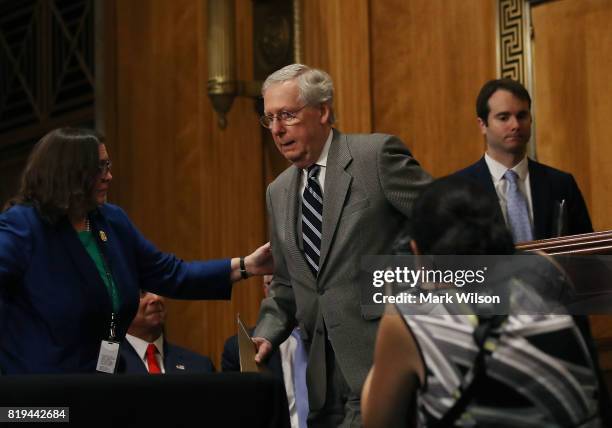 Senate Majority Leader Mitch McConnell attends a Foreign Relations Committee comfirmation hearing for ambassadorships, on Capitol Hill, June 20, 2017...