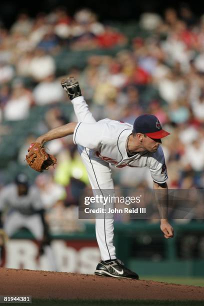 Cliff Lee of the Cleveland Indians pitches during the game against the Tampa Bay Rays at Progressive Field in Cleveland, Ohio on July 11, 2008. The...