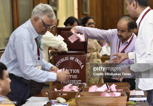 Officials counting votes for the Presidential Election at Parliament House on July 20, 2017 in New Delhi, India. NDA candidate Ram Nath Kovind has...