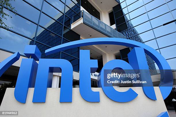 An Intel sign is displayed in front of the Intel company headquarters July 15, 2008 in Santa Clara, California. Intel has reported a 25 percent...