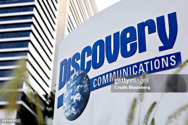 Signage is displayed outside the Discovery Communications Inc. Headquarters in Silver Spring, Maryland, U.S., on Thursday, July 20, 2017. Discovery,...