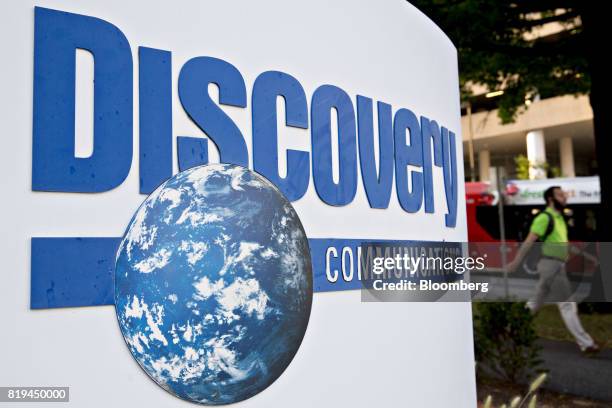 Signage is displayed outside the Discovery Communications Inc. Headquarters in Silver Spring, Maryland, U.S., on Thursday, July 20, 2017. Discovery,...