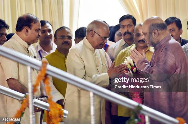 National President Amit Shah and other ministers greet newly elected President of India Ram Nath Kovind after his win in Presidential election at 10...