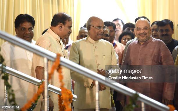 National President Amit Shah and other ministers greet newly elected President of India Ram Nath Kovind after his win in Presidential election at 10...