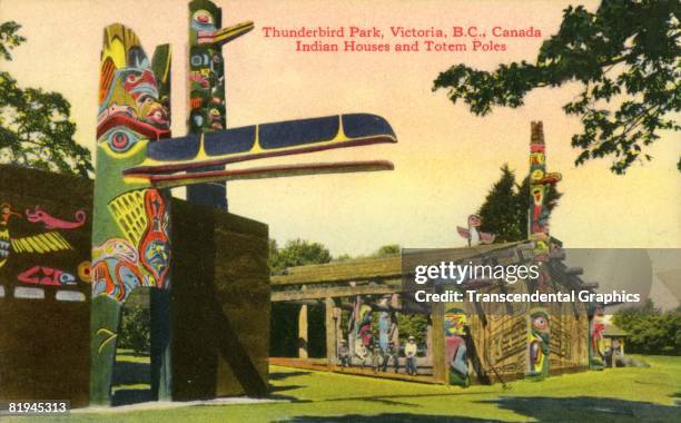 Lithographic postcard showing Indian houses and totem poles at Thunderbird Park in Victoria, British Columbia, Canada