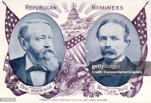 Photo engraving trade card showing the Republican nominees for the 1892 United States presidential election, Benjamin Harrison and Whitlaw Reid