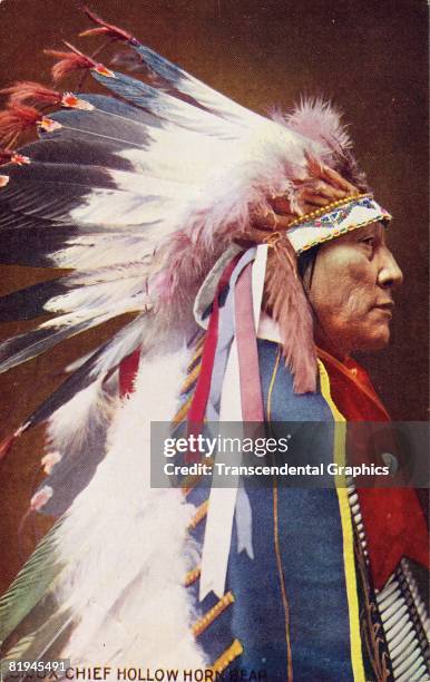 Colorized postcard depicting a profile portrait of Brule Sioux Chief Hollow Horn Bear in feathered headdress, The postcard was published by W,O,...