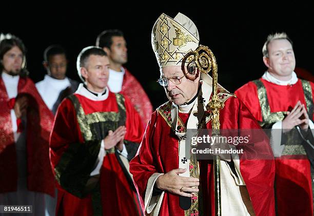 In this handout photo provided by World Youth Day, His Eminence Cardinal George Pell, Catholic Archbishop of Sydney addresses the audience during the...