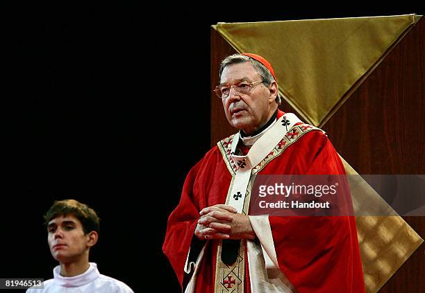 In this handout photo provided by World Youth Day, His Eminence Cardinal George Pell, Catholic Archbishop of Sydney addresses the audience during the...