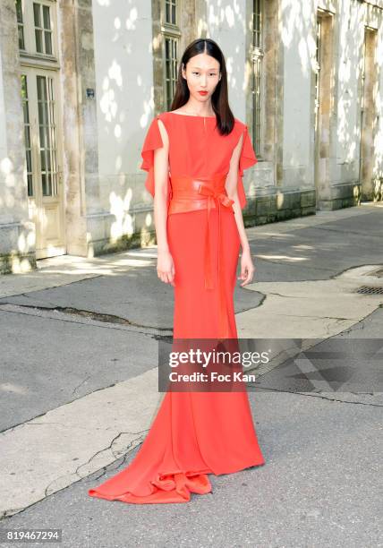 Model dressed in Galia Lahav poses after the show during the Galia Lahav Haute Couture Fall/Winter 2017-2018 show as part of Haute Couture Paris...