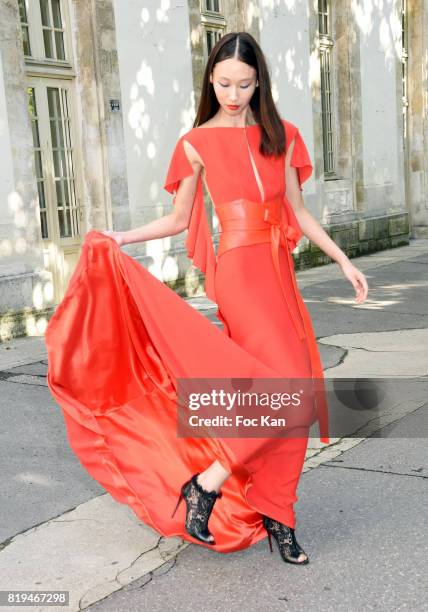 Model dressed in Galia Lahav poses after the show during the Galia Lahav Haute Couture Fall/Winter 2017-2018 show as part of Haute Couture Paris...