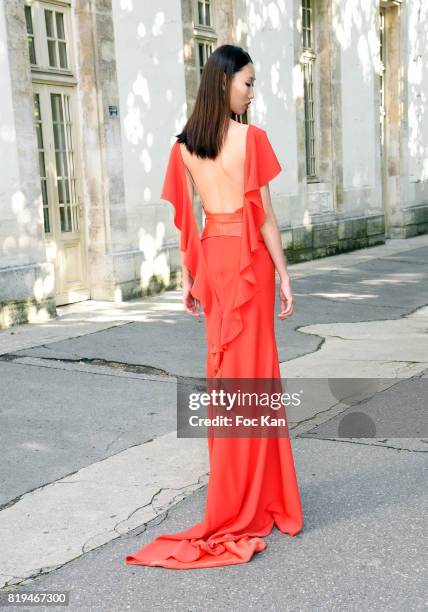 Model dressed in Galia Lahav poses after the show during the Galia Lahav Haute Couture Fall/Winter 2017-2018 show as part of Haute Couture Paris...