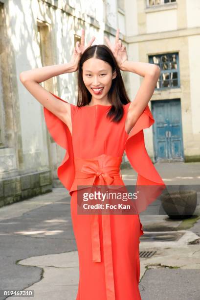 Model dressed in Galia Lahav poses after the show during the Galia Lahav Haute Couture Fall/Winter 2017-2018 show as part of Haute Couture Paris...