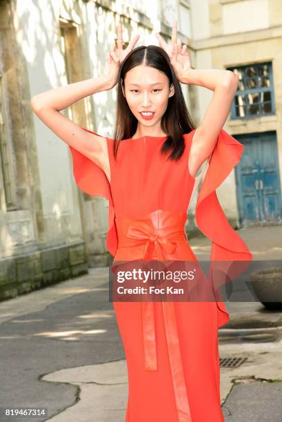 Model dressed in Galia Lahav poses after the show during the Galia Lahav Haute Couture Fall/Winter 2017-2018 show as part of Haute Couture Paris...