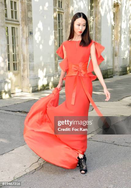 Model dressed in Galia Lahav poses after the show during the Galia Lahav Haute Couture Fall/Winter 2017-2018 show as part of Haute Couture Paris...