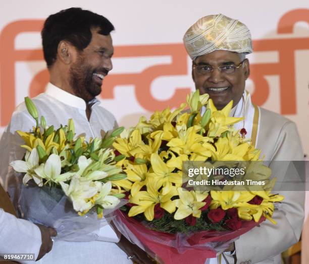 Union Minister Ram Vilas Paswan greets newly elected President of India Ram Nath Kovind after his win in Presidential election at 10 Akbar Road on...