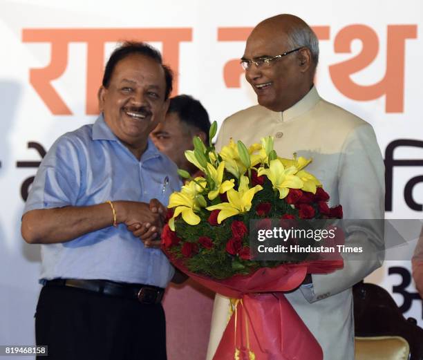 Union Minister Harsh Vardhan greets newly elected President of India Ram Nath Kovind after his win in Presidential election at 10 Akbar Road on July...