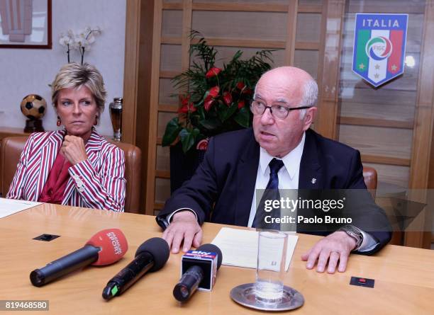 Evelina Christillin of FIFA, Carlo Tavecchio FIGC President attend the Italian Football Federation press conference on July 20, 2017 in Rome, Italy.