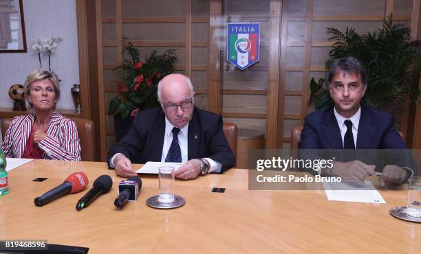 Evelina Christillin of FIFA, Carlo Tavecchio FIGC President and Michele Uva FIGC General Director attend the Italian Football Federation press...