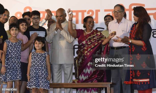Wife Savita Kovind, family members and grand children offering sweets to Ram Nath Kovind after his win in Presidential election at 10 Akbar Road on...