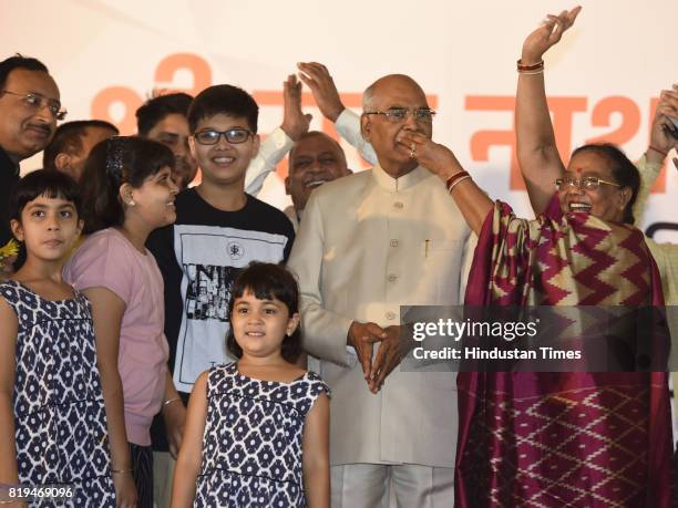 Wife Savita Kovind, family members and grand children offering sweets to Ram Nath Kovind after his win in Presidential election at 10 Akbar Road on...