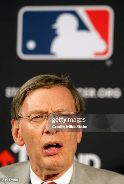 Commissioner of Major League Baseball Bud Selig speaks at a press conference before the 79th MLB All-Star Game at Yankee Stadium on July 15, 2008 in...