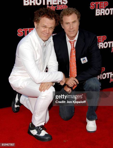 Actors John C. Reilly and Will Ferrell arrive at the Los Angeles Premiere "Step Brothers" at the Mann Village Theater on July 15, 2008 in Westwood,...