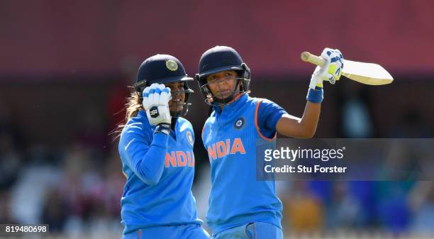 India batsman Harmanpreet Kaur reacts after reaching her 150 during the ICC Women's World Cup 2017 Semi-Final match between Australia and India at...