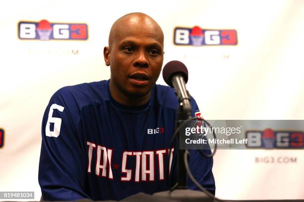 Bonzi Wells of Tri-State speaks in a press conference after defeating 3's Company during week four of the BIG3 three on three basketball league at...