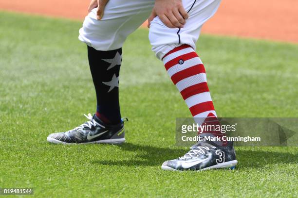 Detailed view of the red, white and blue socks and shoes worn by Ian Kinsler of the Detroit Tigers in honor of Independence Day Weekend prior to the...