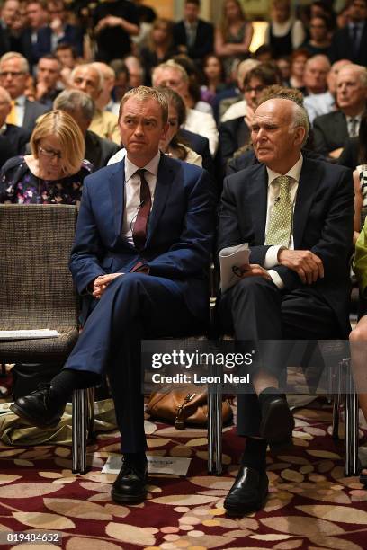 New Liberal Democrats party leader Vince Cable sits next to former leader Tim Farron at the St Ermin's Hotel on July 20, 2017 in London, England. The...