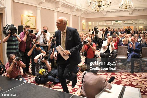 New Liberal Democrats party leader Vince Cable makes his way on stage to give a speech at a press conference at the St Ermin's Hotel on July 20, 2017...