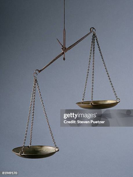 imbalanced weight scale against gray background - legal scales stock pictures, royalty-free photos & images