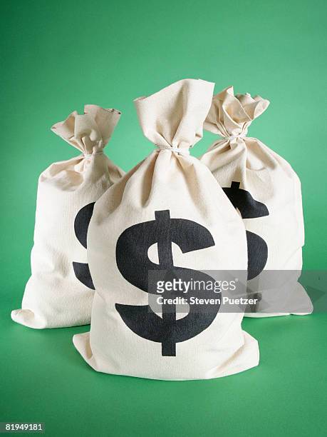 three money bags against green background - money bag fotografías e imágenes de stock