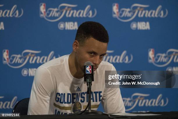 Finals: Golden State Warriors Stephen Curry upset during press conference after losing Game 7 and championship series vs Cleveland Cavaliers at...