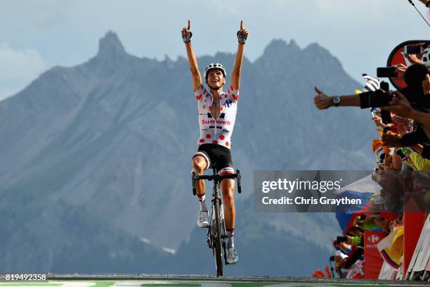 Warren Barguil of France riding for Team Sunweb crosses the line to take the stage win on stage eighteen of the 2017 Tour de France, a 179.5km stage...