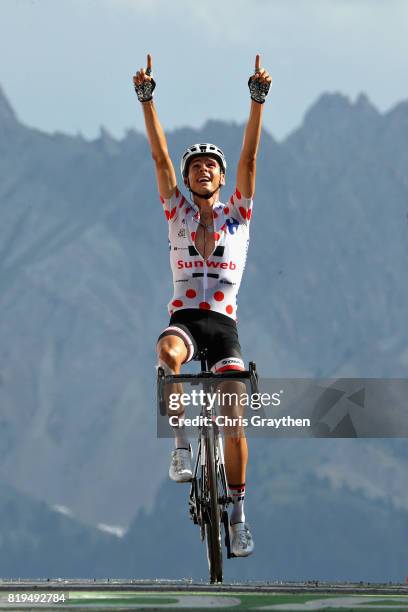 Warren Barguil of France riding for Team Sunweb crosses the line to take the stage win on stage eighteen of the 2017 Tour de France, a 179.5km stage...