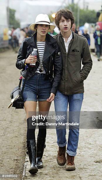 Presenter Alexa Chung and Alex Turner of pop band Arctic Monkeys attend Galstonbury Festival on June 27, 2008 in Glastonbury, England.