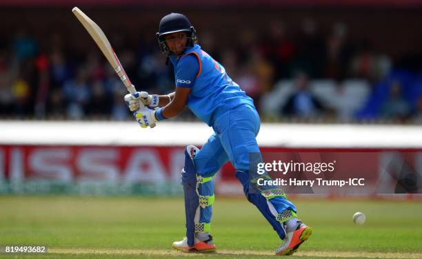 Harmanpreet Kaur of India bats during the ICC Women's World Cup 2017 match between Australia and India at The 3aaa County Ground on July 20, 2017 in...