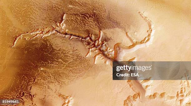 In this handout image supplied by the European Space Agency on July 16 The Echus Chasma, one of the largest water source regions on Mars, is pictured...