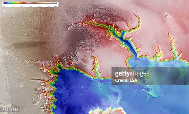 In this handout image supplied by the European Space Agency on July 16 The Echus Chasma, one of the largest water source regions on Mars, is pictured...