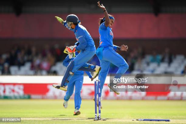 India bowler Shika Pandey celebrates with wicketkeeper Sushma Verma after Pandy had bowled Mooney during the ICC Women's World Cup 2017 Semi-Final...