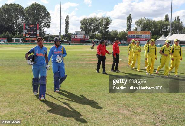 Harmanpreet Kaur of India walks off at the ebnd of the Indian innings during The Womens World Cup 2017 Semi-Final between Australia and India at The...