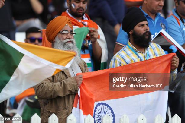 Indian fans celebrate a boundary during The Womens World Cup 2017 Semi-Final between Australia and India at The County Ground on July 20, 2017 in...