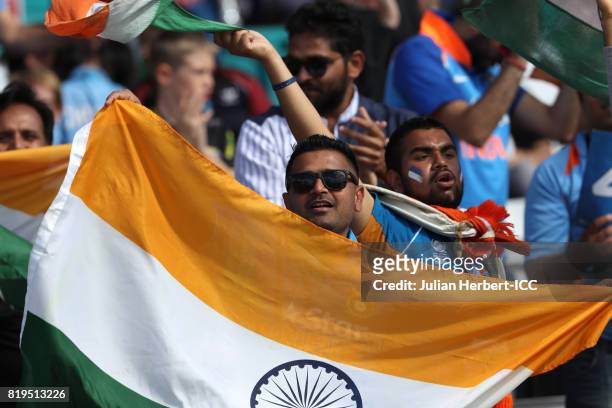Indian fans celebrate a boundary during The Womens World Cup 2017 Semi-Final between Australia and India at The County Ground on July 20, 2017 in...