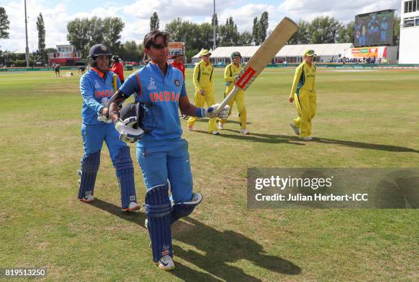 Harmanpreet Kaur of India walks off at the ebnd of the Indian innings during The Womens World Cup 2017 Semi-Final between Australia and India at The...