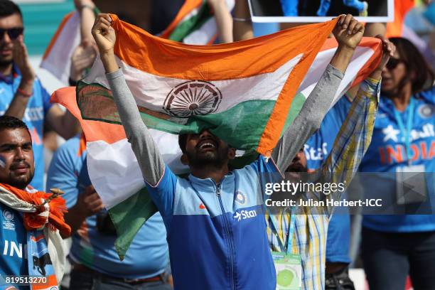 Indian fans celebrate a boundary during The Womens World Cup 2017 Semi-Final between Australia and India at The County Ground on July 20, 2017 in...