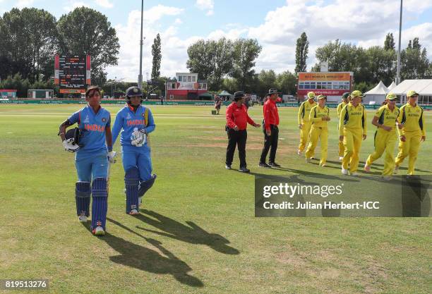 Harmanpreet Kaur of India walks off at the ebnd of the Indian innings during The Womens World Cup 2017 Semi-Final between Australia and India at The...